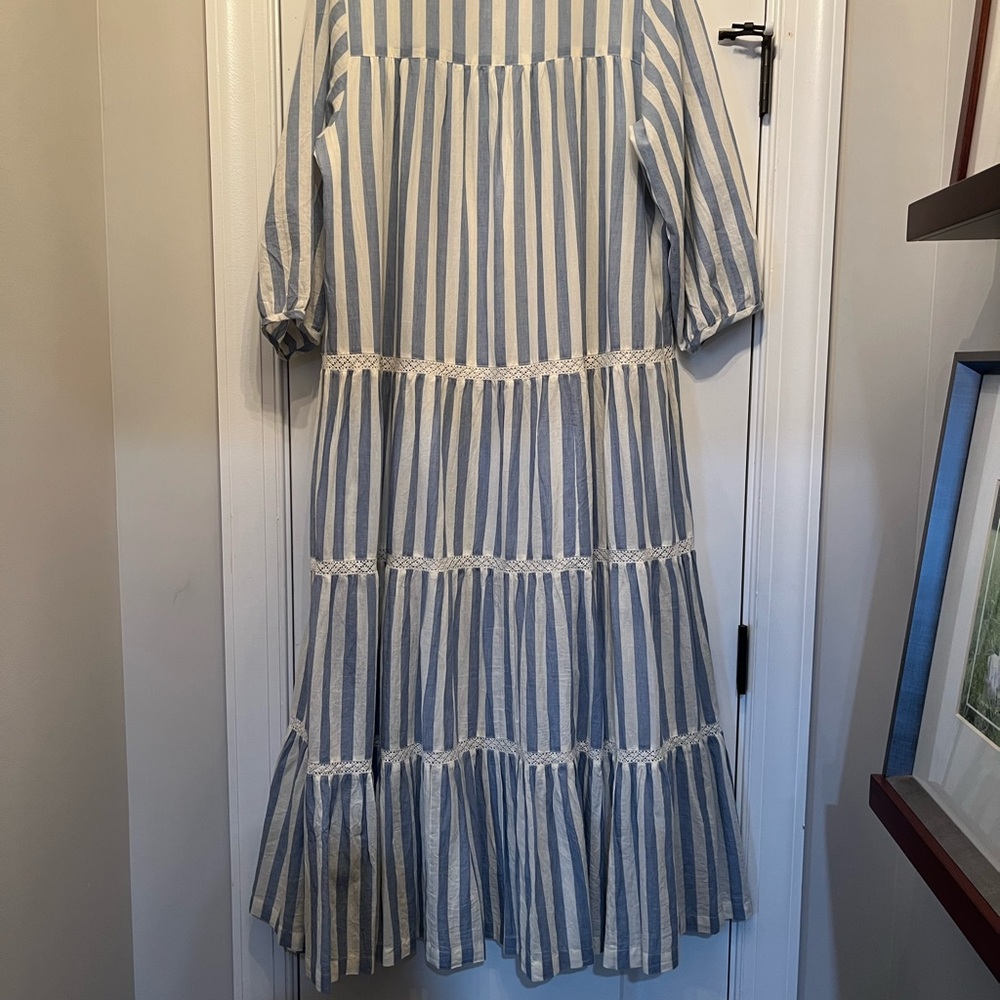 Pink Chicken Blue Chambray and Cream Tiered Maxi Sundress faded stripes - Picture 11 of 12